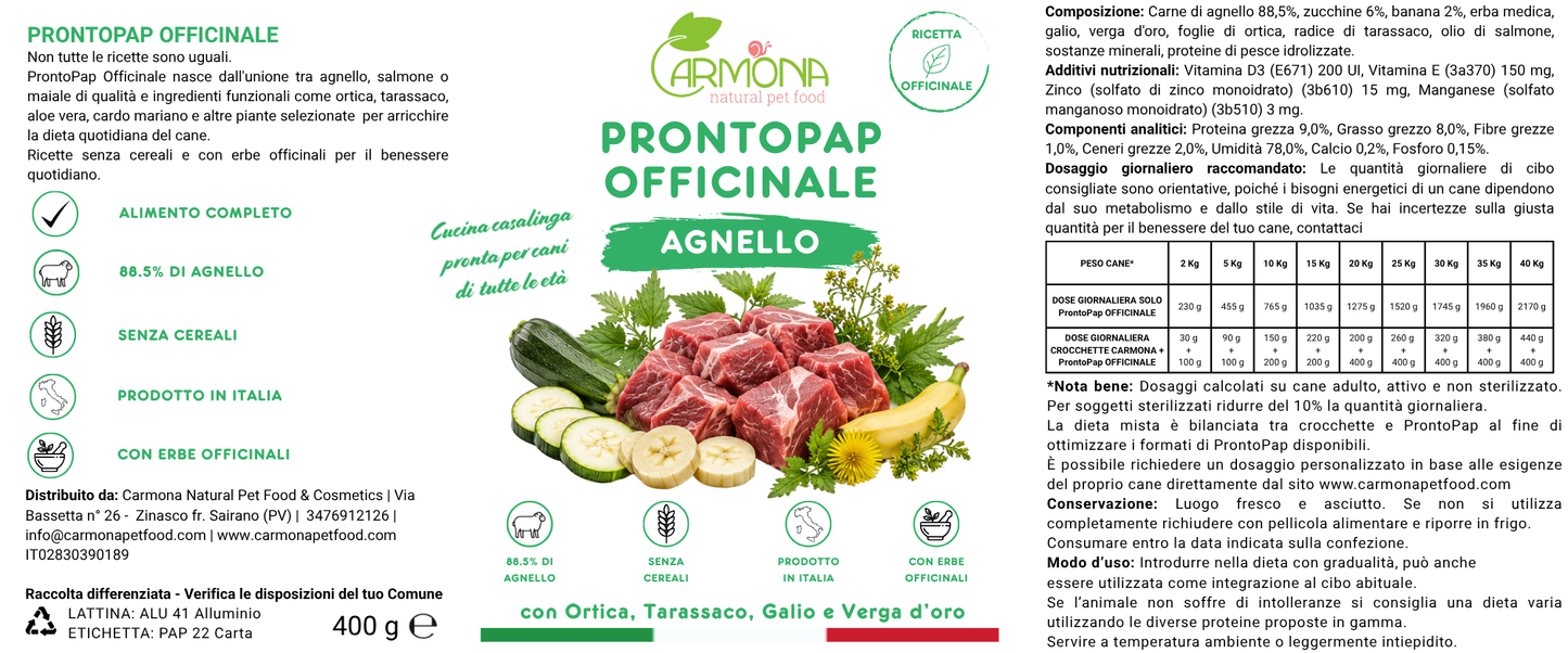 ProntoPap Officinale Agnello con Ortica, Tarassaco, Galio e Verga d'Oro | Alimento completo per cani
