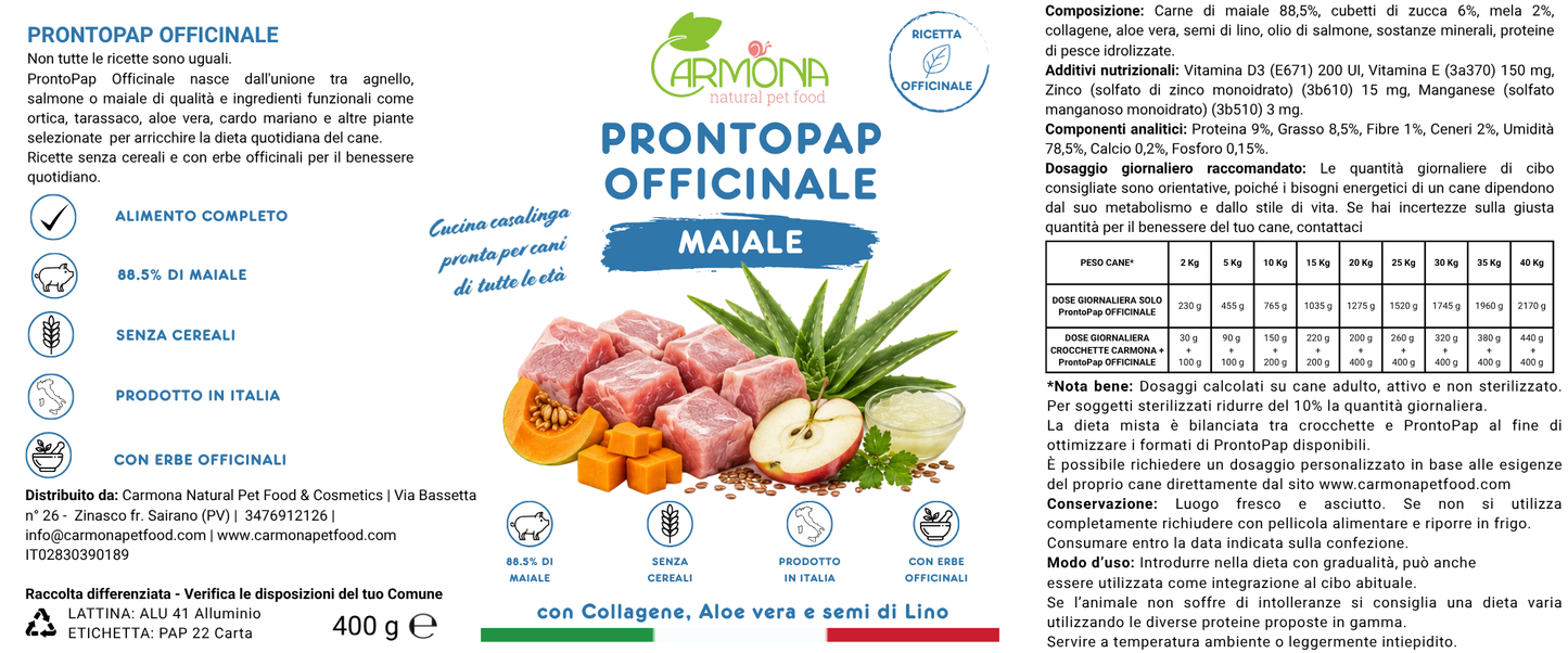 ProntoPap Officinale Maiale con Collagene, Aloe Vera e Semi di Lino | Alimento completo per cani