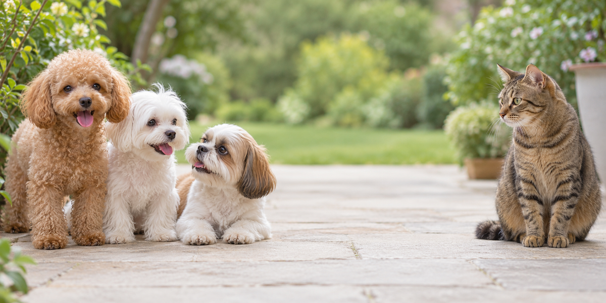 Barboncino, maltese e shih tzu con un gatto in un giardino luminoso