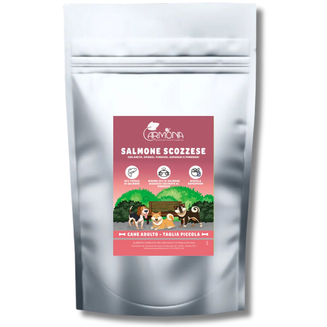 CANI TAGLIA MINI - MONOPROTEINA SALMONE SCOZZESE CON ANETO, SPINACI, FINOCCHI, ASPARAGI E POMODORI - 2 Kg