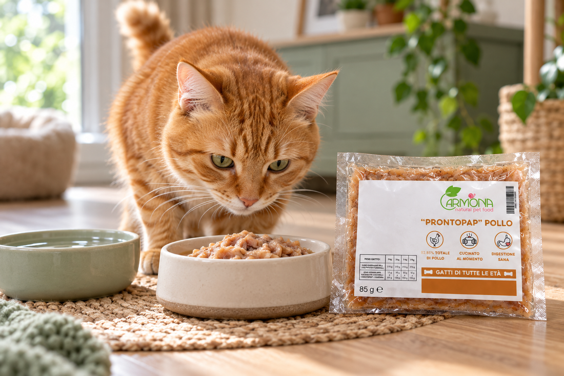 Gatto rosso con ProntoPap Pollo Carmona e ciotola d’acqua