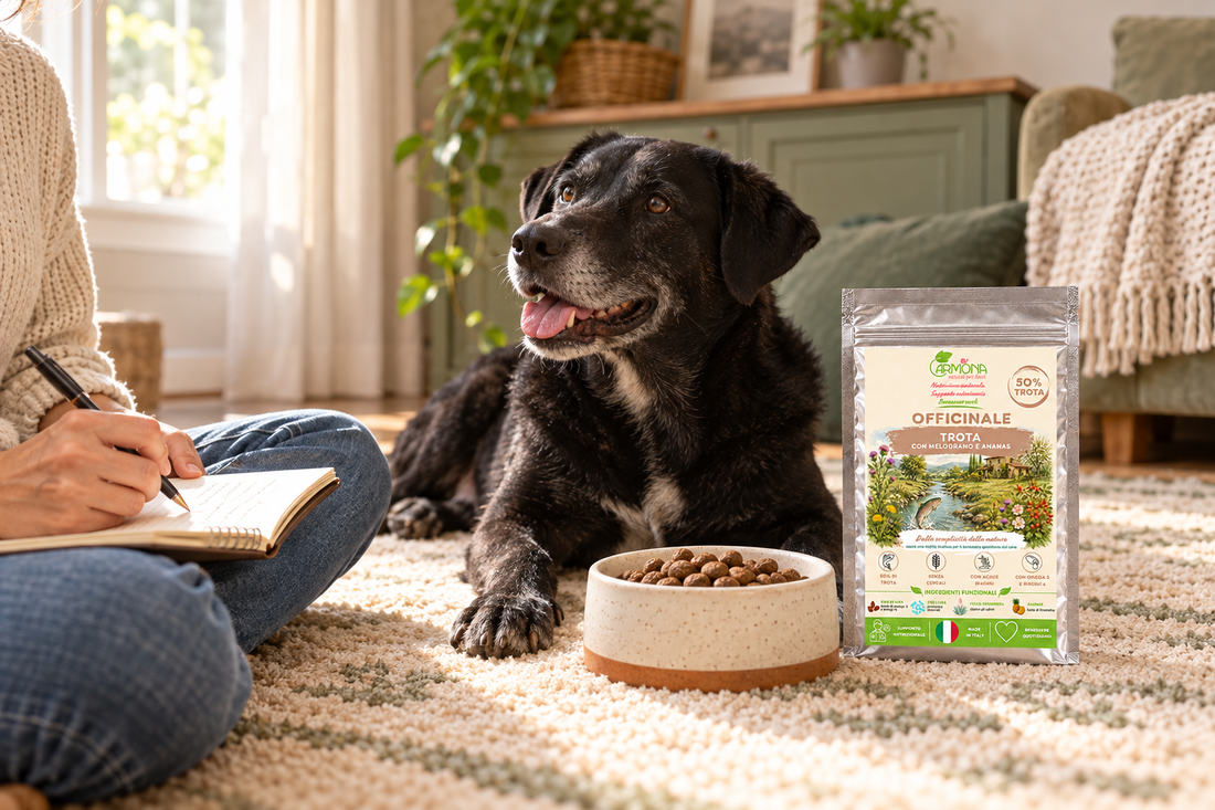 Cane nero con Officinale Trota Carmona e diario alimentare