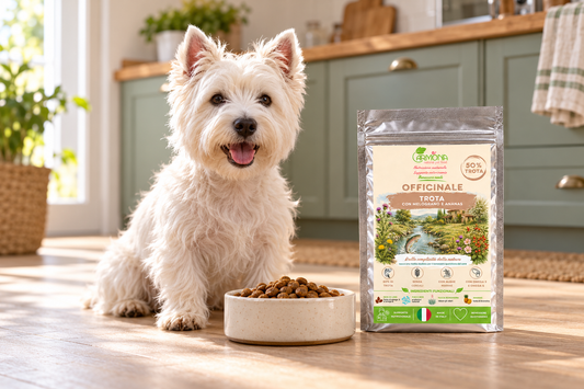 Cane bianco con Officinale Trota Carmona e ciotola di crocchette