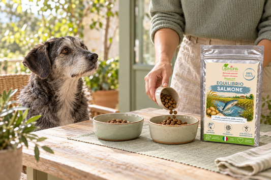 Cane adulto e preparazione delle porzioni con Equilibrio Salmone Carmona