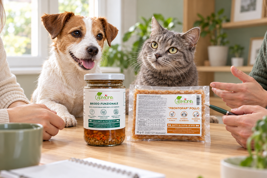 Cane e gatto durante un confronto sull’alimentazione con prodotti Carmona