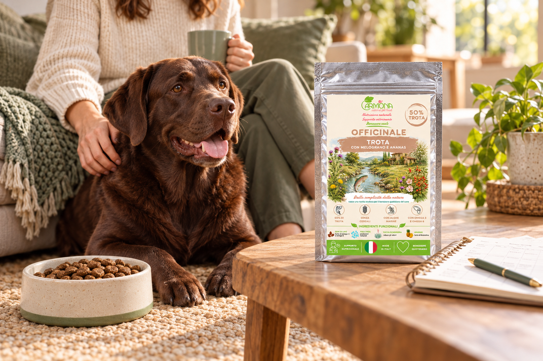 Cane e proprietario con Officinale Trota Carmona e diario alimentare