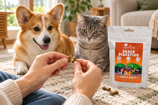 Cane e gatto con un piccolo snack e confezione Snack Digestivo Carmona