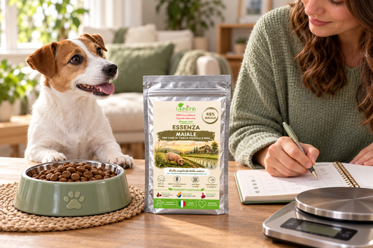 Cane con Essenza Maiale Carmona, bilancia e diario alimentare