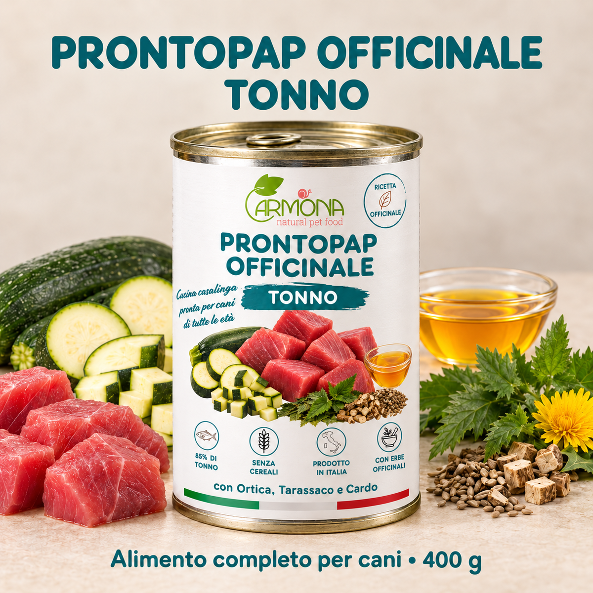 ProntoPap Officinale Tonno con Ortica, Tarassaco e Cardo | Alimento completo per cani – 400 g