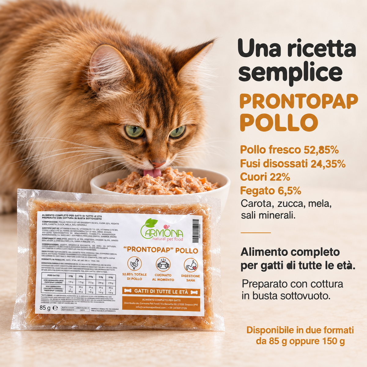 ProntoPap Pollo per Gatti - pappa cotta sottovuoto, 85 o 150 g — Carmona