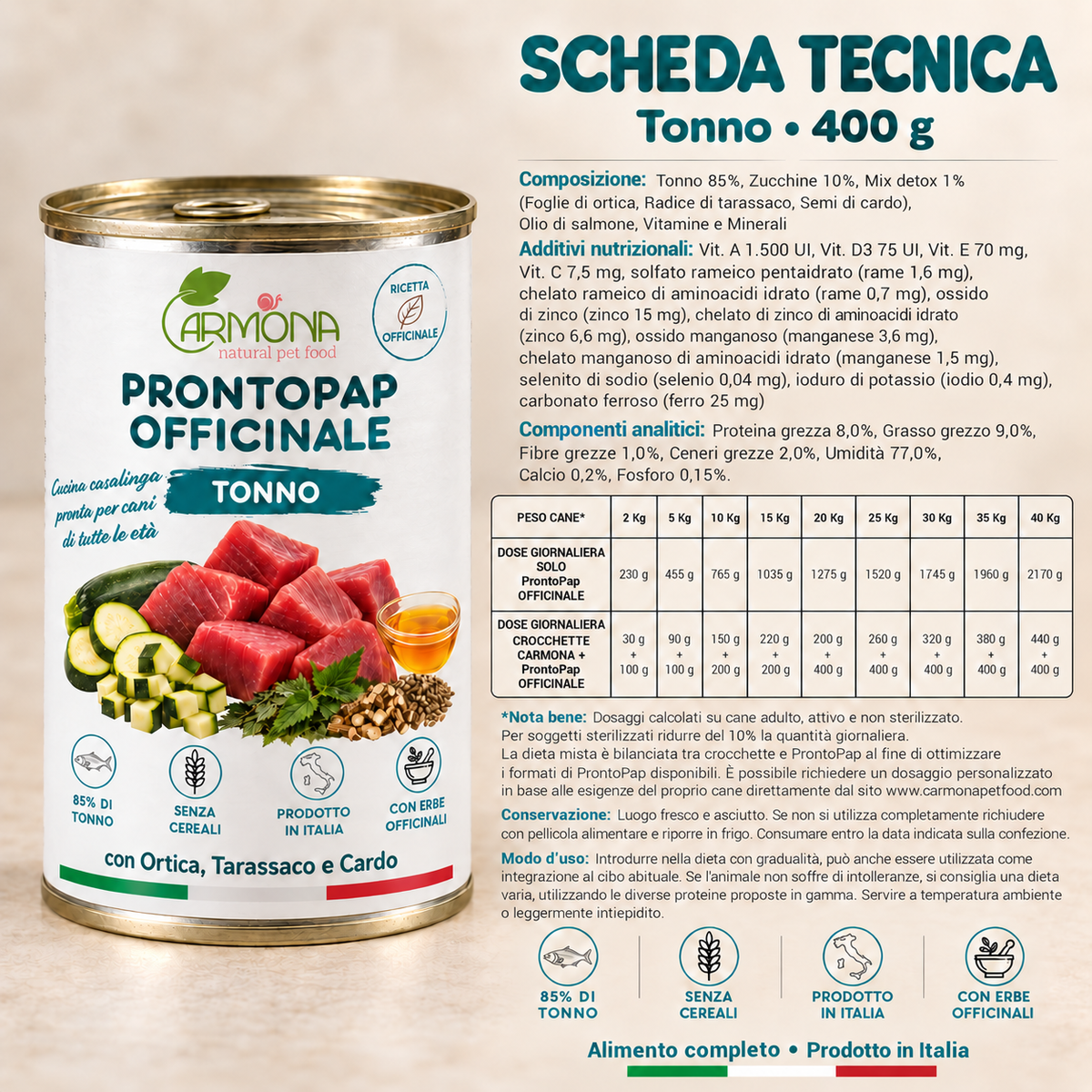 ProntoPap Officinale Tonno con Ortica, Tarassaco e Cardo | Alimento completo per cani – 400 g