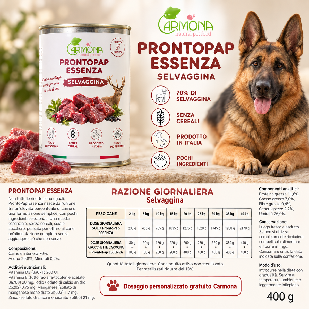 ProntoPap Essenza Selvaggina | Alimento completo senza cereali per cani – 400 g