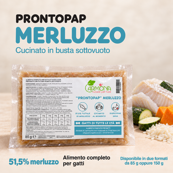 ProntoPap Merluzzo per Gatti – Alimento Completo Cotto Sottovuoto, 85 g oppure 150 g