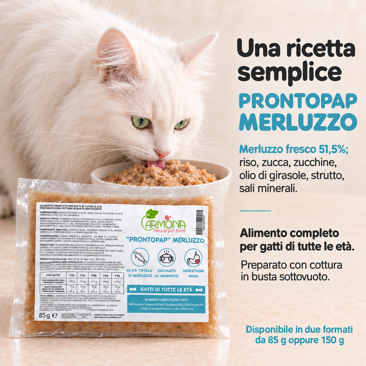 ProntoPap Merluzzo per Gatti - pappa cotta sottovuoto, 85 o 150 g — Carmona