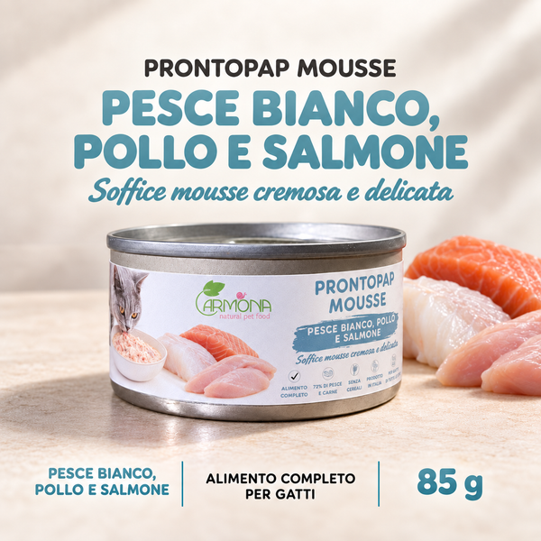 ProntoPap Mousse Pesce per Gatti – Pesce bianco, pollo e salmone, 85 g