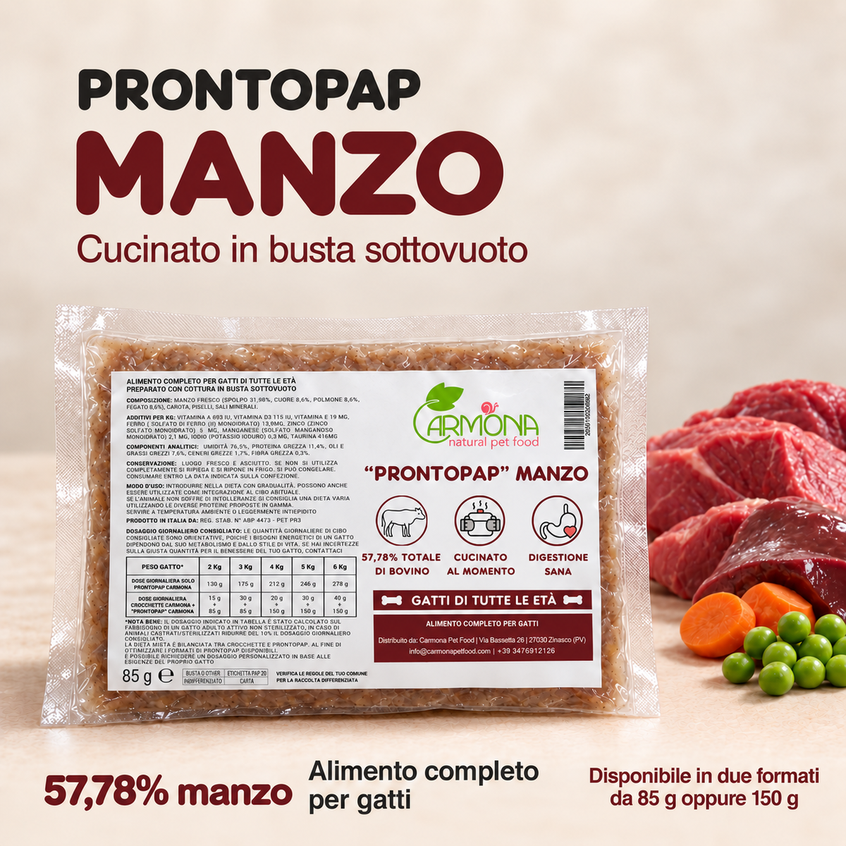 ProntoPap Manzo per Gatti - pappa cotta sottovuoto, 85 o 150 g — Carmona