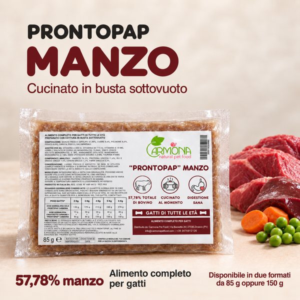 ProntoPap Manzo per Gatti – Alimento Completo Cotto Sottovuoto, 85 g oppure 150 g