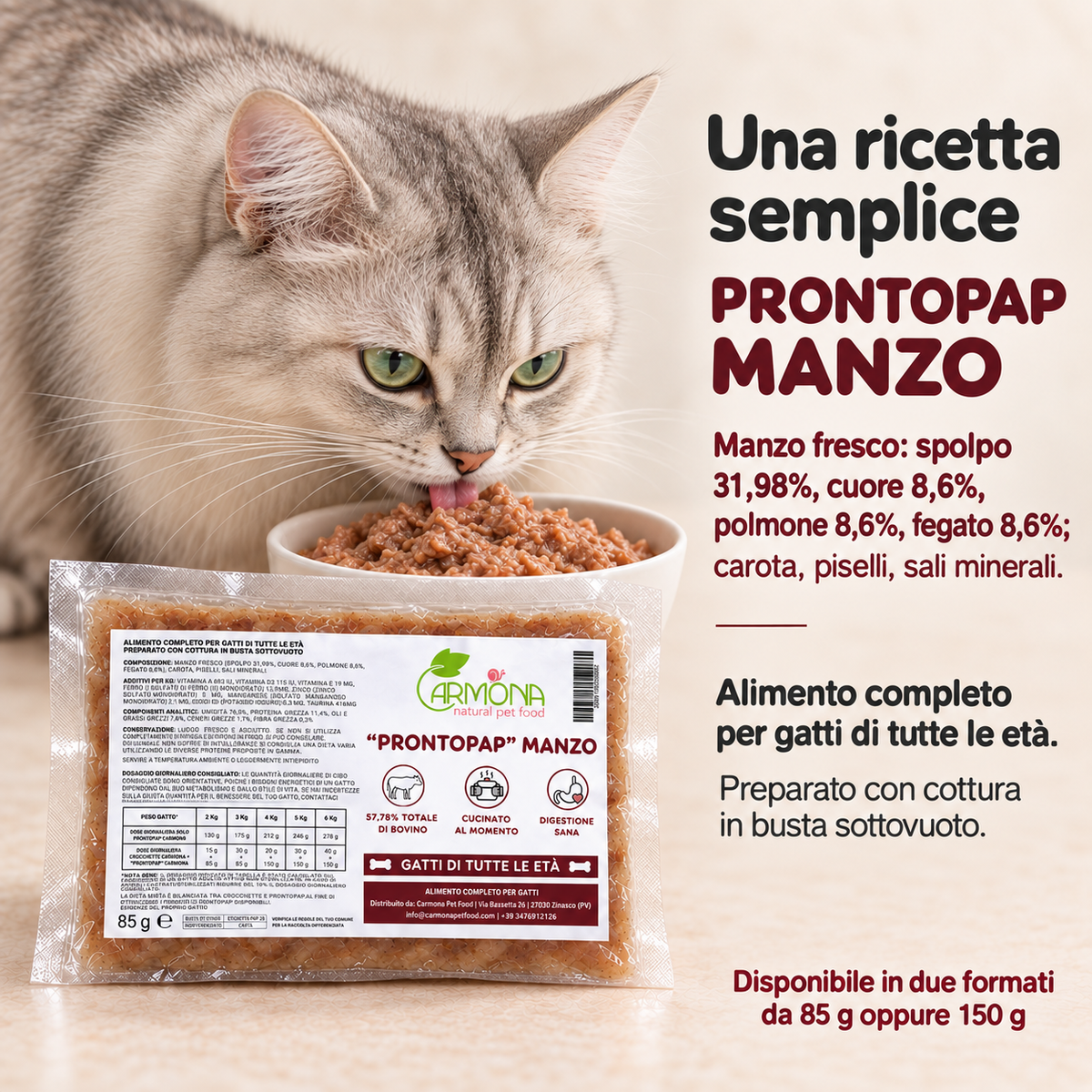 ProntoPap Manzo per Gatti - pappa cotta sottovuoto, 85 o 150 g — Carmona