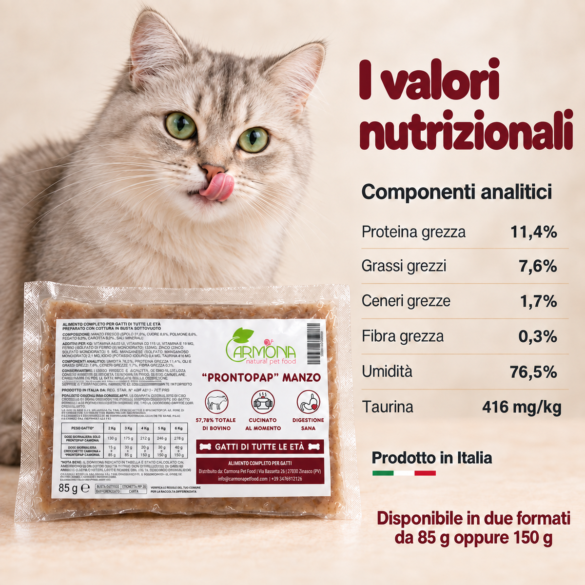 ProntoPap Manzo per Gatti - pappa cotta sottovuoto, 85 o 150 g — Carmona