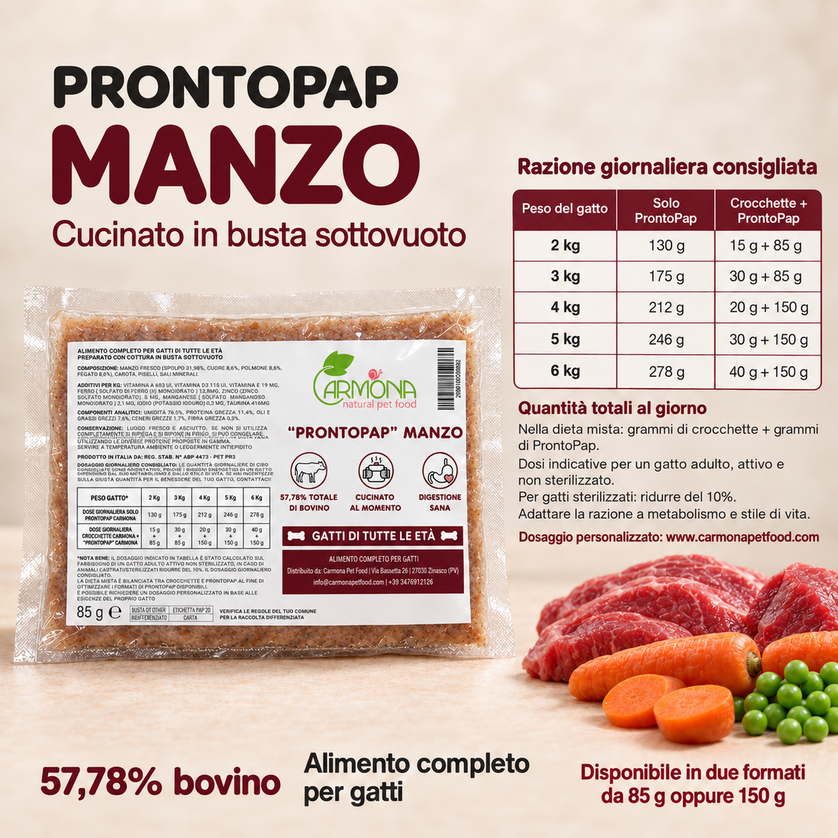 ProntoPap Manzo per Gatti - pappa cotta sottovuoto, 85 o 150 g — Carmona