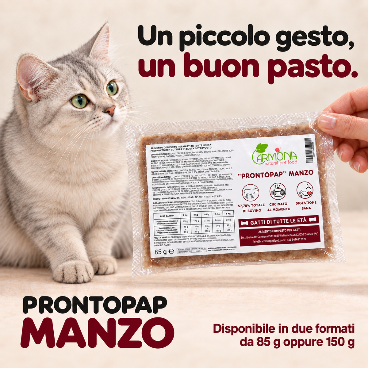 ProntoPap Manzo per Gatti - pappa cotta sottovuoto, 85 o 150 g — Carmona