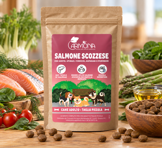 CANI TAGLIA MINI - MONOPROTEINA SALMONE SCOZZESE CON ANETO, SPINACI, FINOCCHI, ASPARAGI E POMODORI - 2 Kg