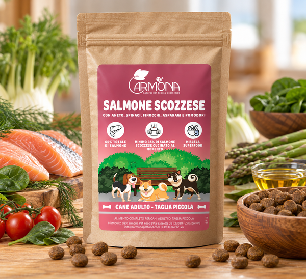 CANI TAGLIA MINI - MONOPROTEINA SALMONE SCOZZESE CON ANETO, SPINACI, FINOCCHI, ASPARAGI E POMODORI - 2 Kg