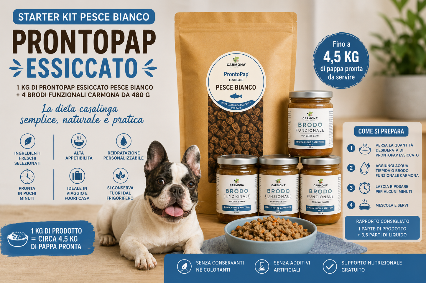 STARTER KIT PESCE BIANCO - 1 Kg PRONTOPAP ESSICCATO + 4 BRODO FUNZIONALE DA 480 g