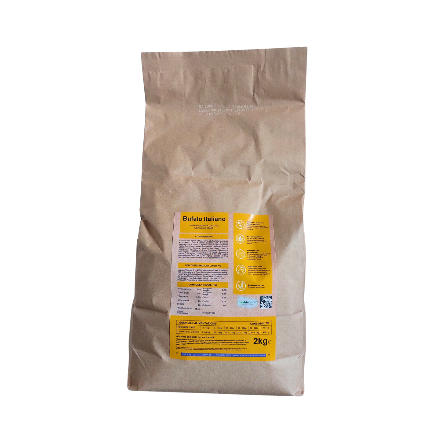 GRAIN FREE CANE ADULTO BUFALO ITALIANO CON BASILICO, MORE, CURCUMA, SEMI DI LINO E MELE