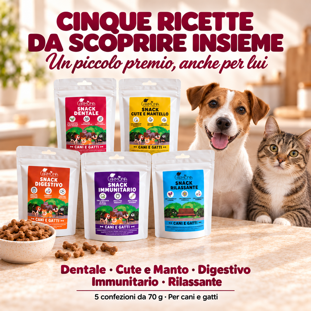 Box degustazione snack funzionali Carmona 5 × 70 g — presentazione
