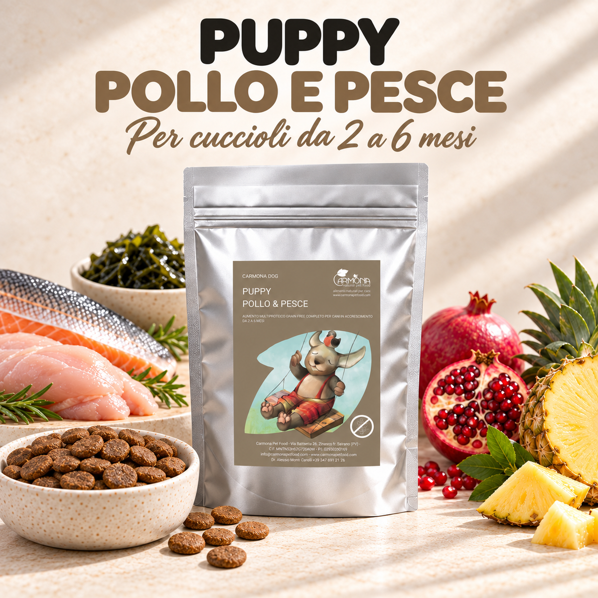 PUPPY 2 - 6 MESI - Multiproteina senza cereali con Pesce, Pollo, Alghe Marine, Melograno, Ananas Carmona — copertina