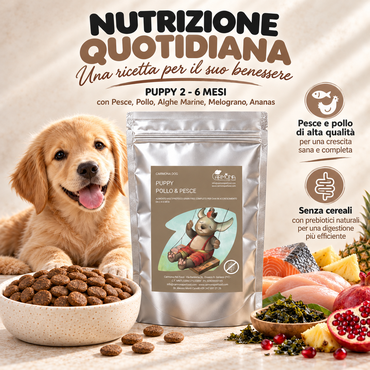 PUPPY 2 - 6 MESI - Multiproteina senza cereali con Pesce, Pollo, Alghe Marine, Melograno, Ananas Carmona — nutrizione quotidiana