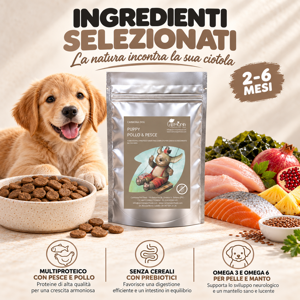 PUPPY 2 - 6 MESI - Multiproteina senza cereali con Pesce, Pollo, Alghe Marine, Melograno, Ananas Carmona — ingredienti e ricetta
