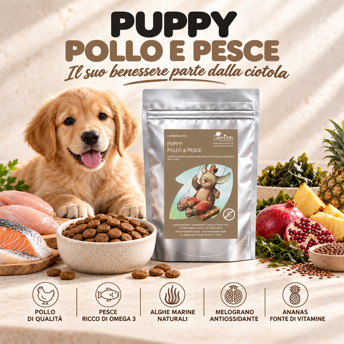 PUPPY 2 - 6 MESI - Multiproteina senza cereali con Pesce, Pollo, Alghe Marine, Melograno, Ananas Carmona — pasto quotidiano