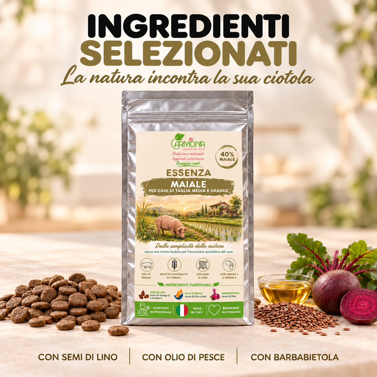 Carmona Essenza al Maiale per cani di taglia media e grande, 40% maiale — semi di lino, olio di pesce e barbabietola