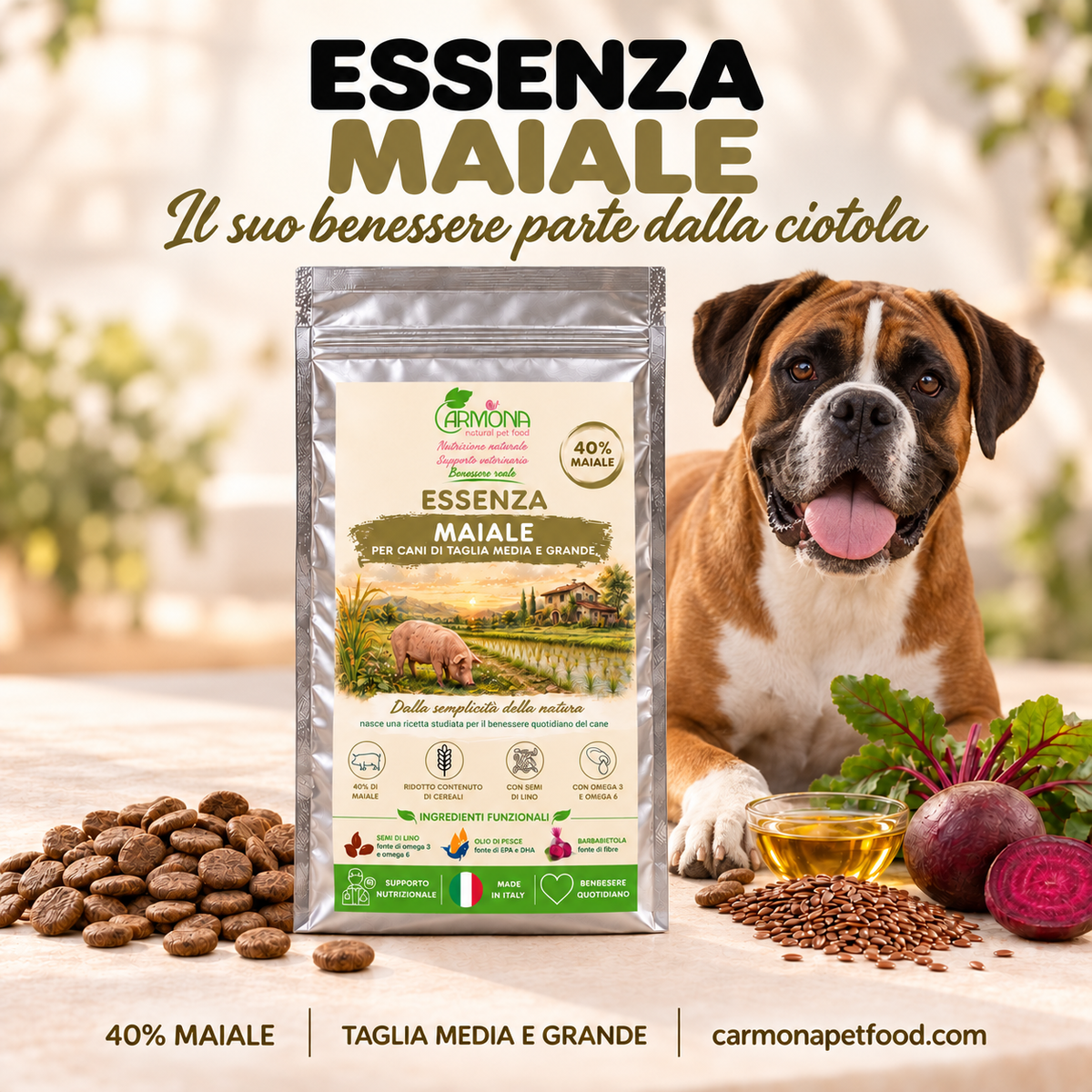 Carmona Essenza al Maiale per cani di taglia media e grande, 40% maiale — alimento completo per il benessere quotidiano