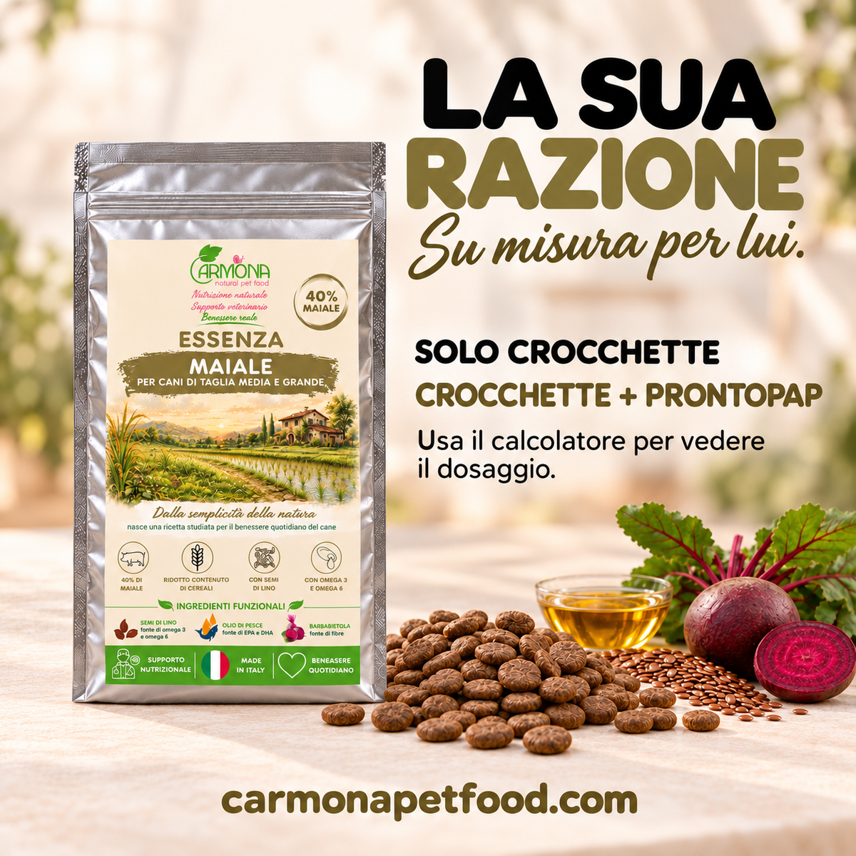 Carmona Essenza al Maiale per cani di taglia media e grande, 40% maiale — solo crocchette oppure crocchette con ProntoPap, usa il calcolatore