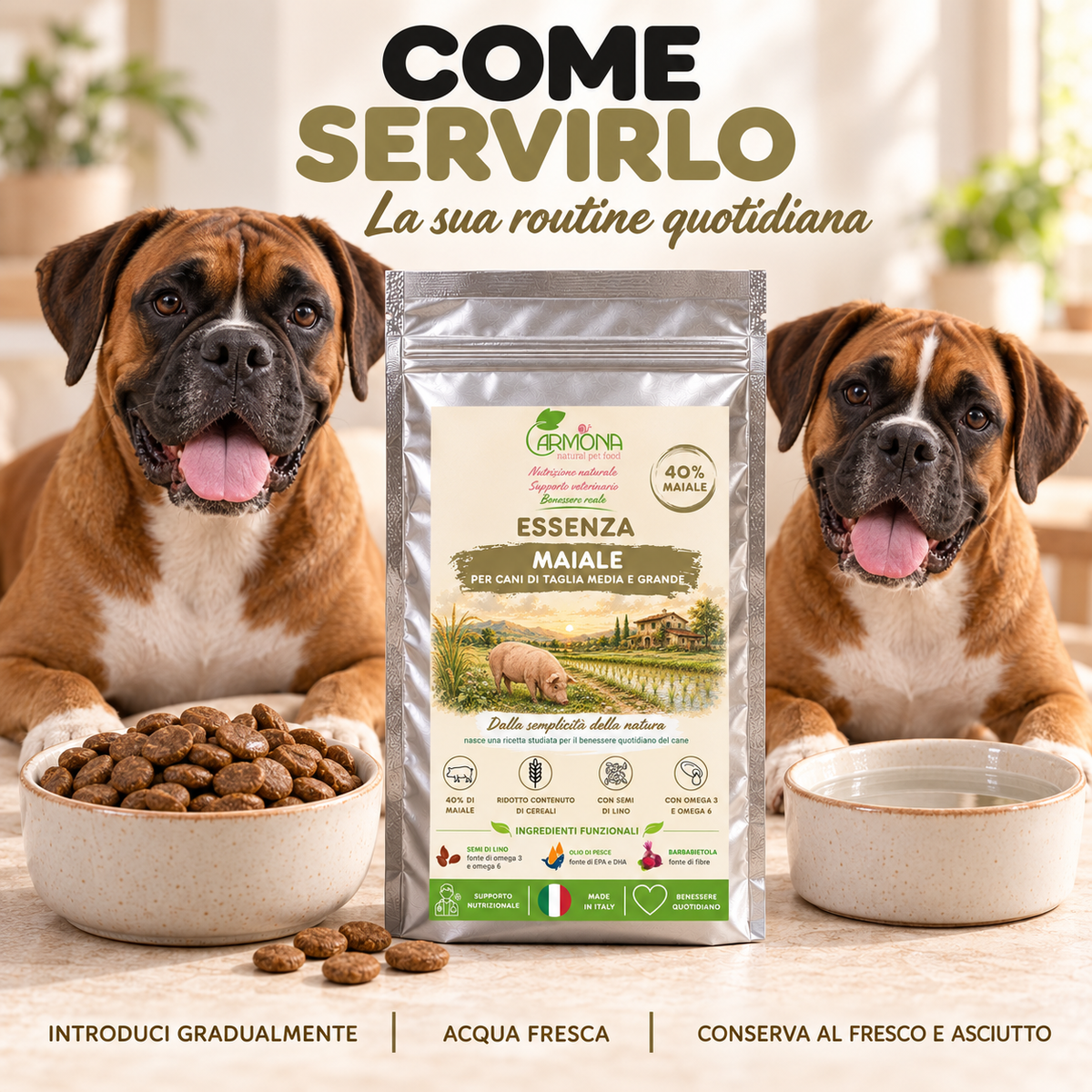 Carmona Essenza al Maiale per cani di taglia media e grande, 40% maiale — servizio, acqua fresca e conservazione