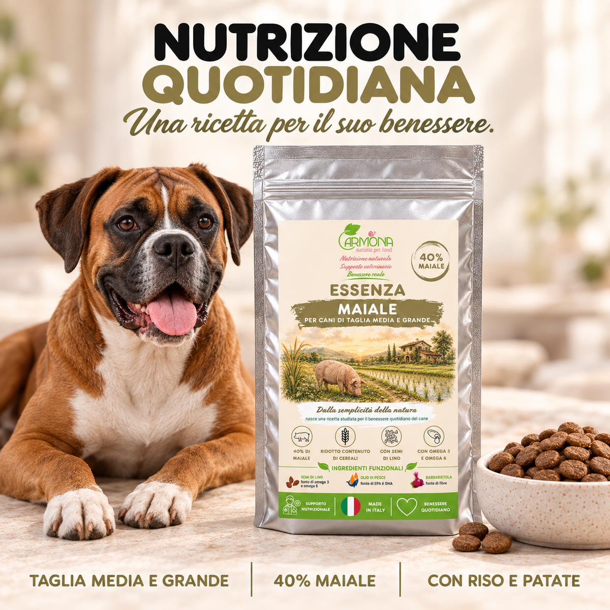 Carmona Essenza al Maiale per cani di taglia media e grande, 40% maiale — ricetta con riso e Boxer