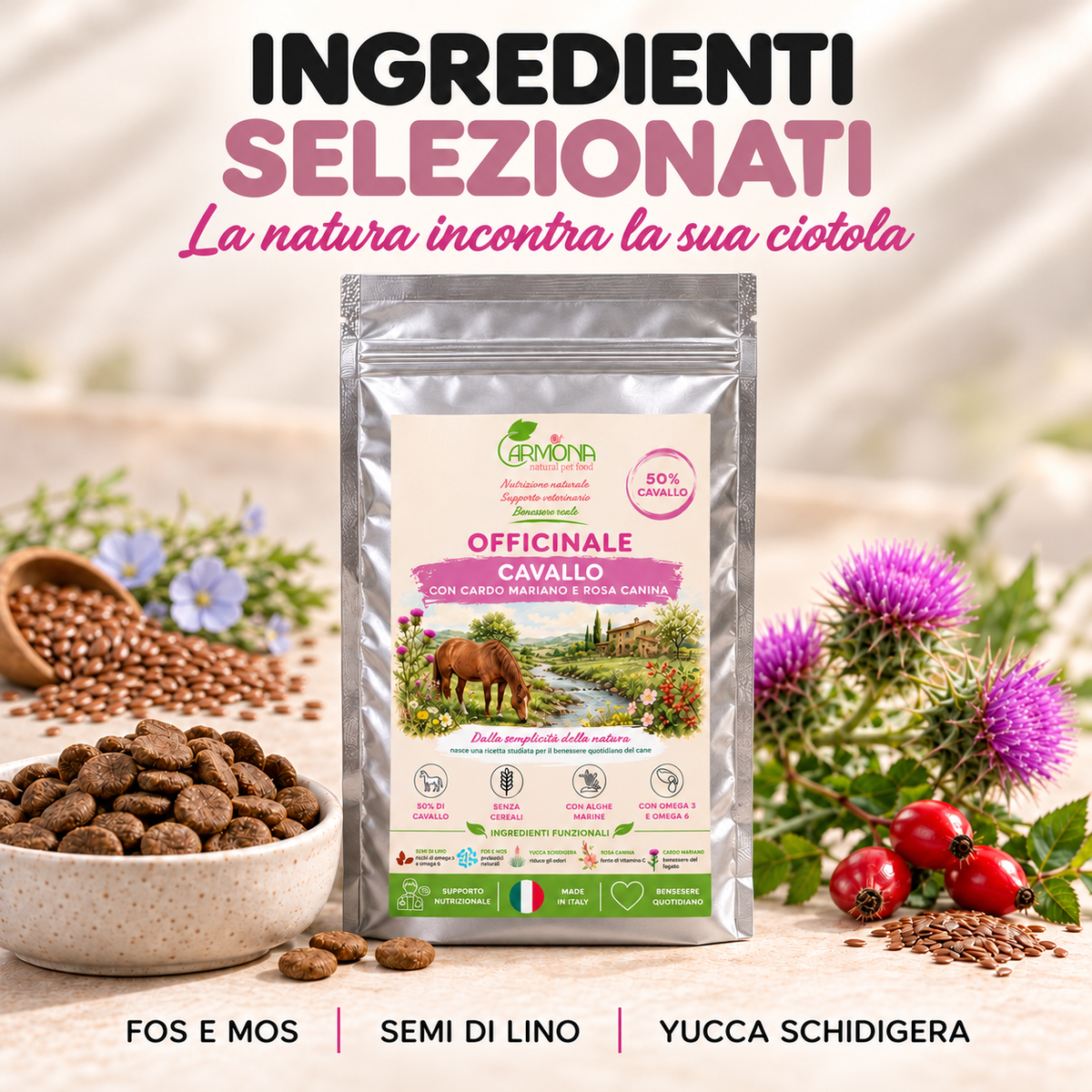Ingredienti Officinale al Cavallo: semi di lino, FOS, MOS e yucca