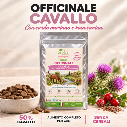 Crocchette Carmona Officinale al Cavallo: sacchetto argento e ciotola, 50% cavallo senza cereali
