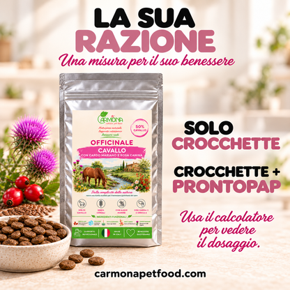 Dosaggio Officinale al Cavallo: solo crocchette oppure crocchette con ProntoPap, usa il calcolatore