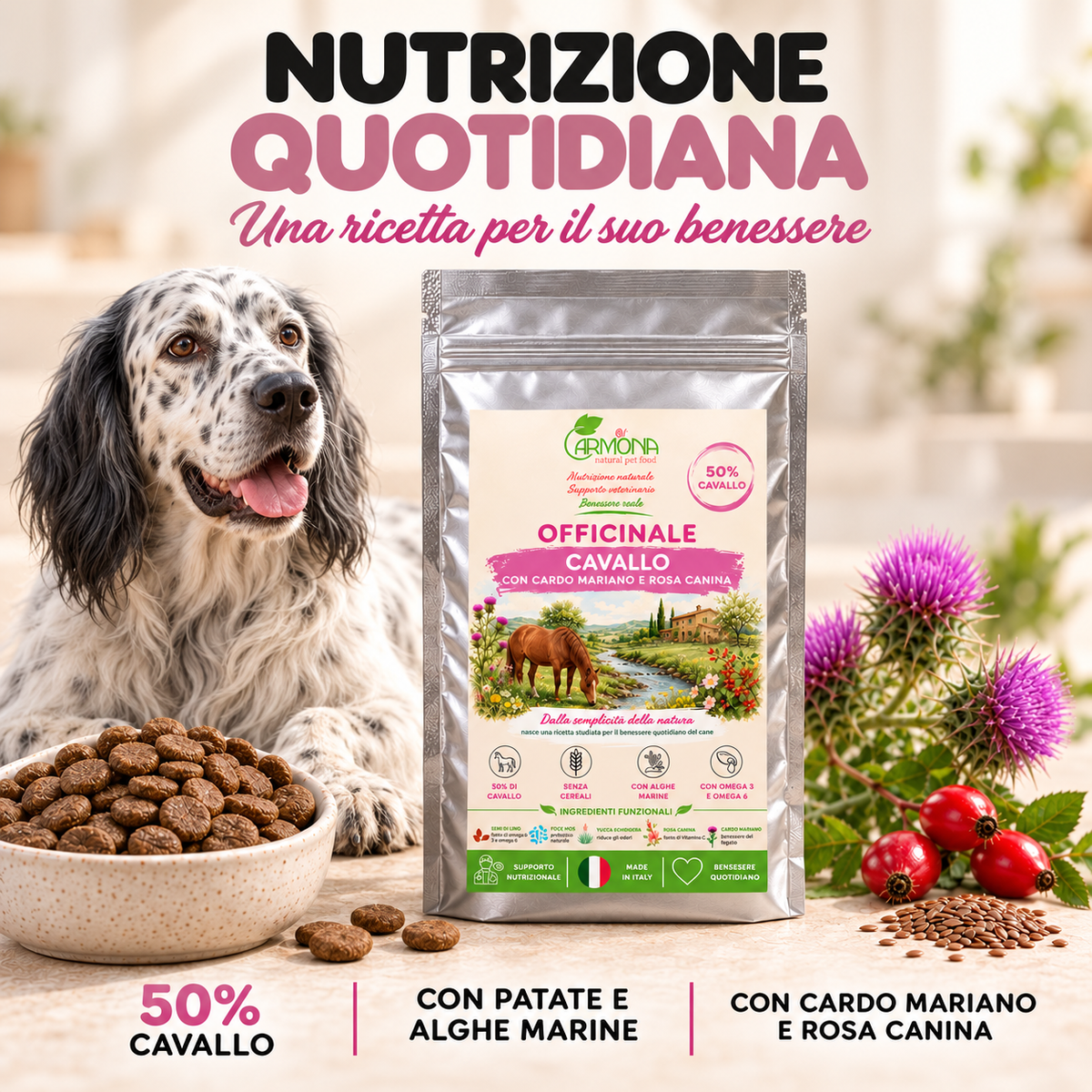 Officinale al Cavallo con cardo mariano e rosa canina, sacchetto e Setter inglese