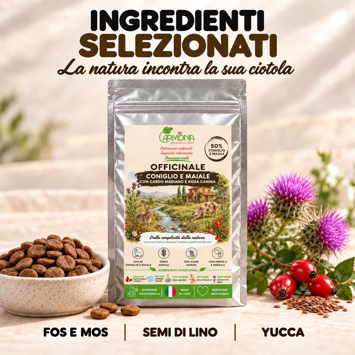 Officinale Coniglio e Maiale Carmona, alimento completo senza cereali per cani — cardo mariano, rosa canina, semi di lino, FOS e MOS