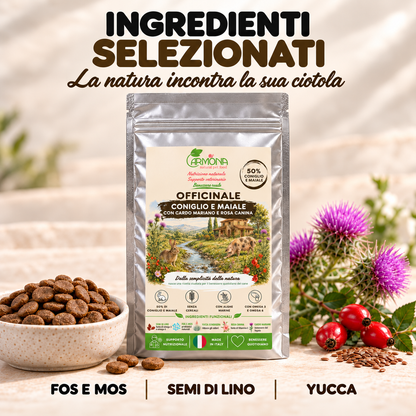 Officinale Coniglio e Maiale Carmona, alimento completo senza cereali per cani — cardo mariano, rosa canina, semi di lino, FOS e MOS