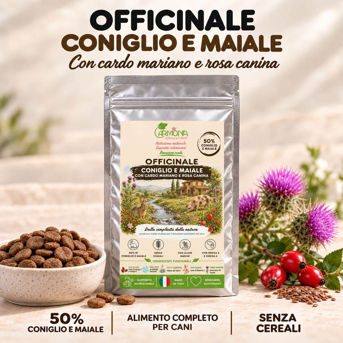 Officinale Coniglio e Maiale Carmona, alimento completo senza cereali per cani — sacchetto argento e crocchette, 50% coniglio e maiale
