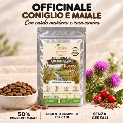 Officinale Coniglio e Maiale Carmona, alimento completo senza cereali per cani — sacchetto argento e crocchette, 50% coniglio e maiale