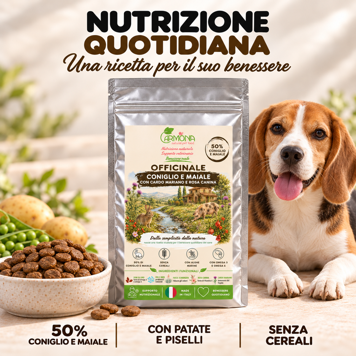 Officinale Coniglio e Maiale Carmona, alimento completo senza cereali per cani — ricetta con patate e piselli e Beagle