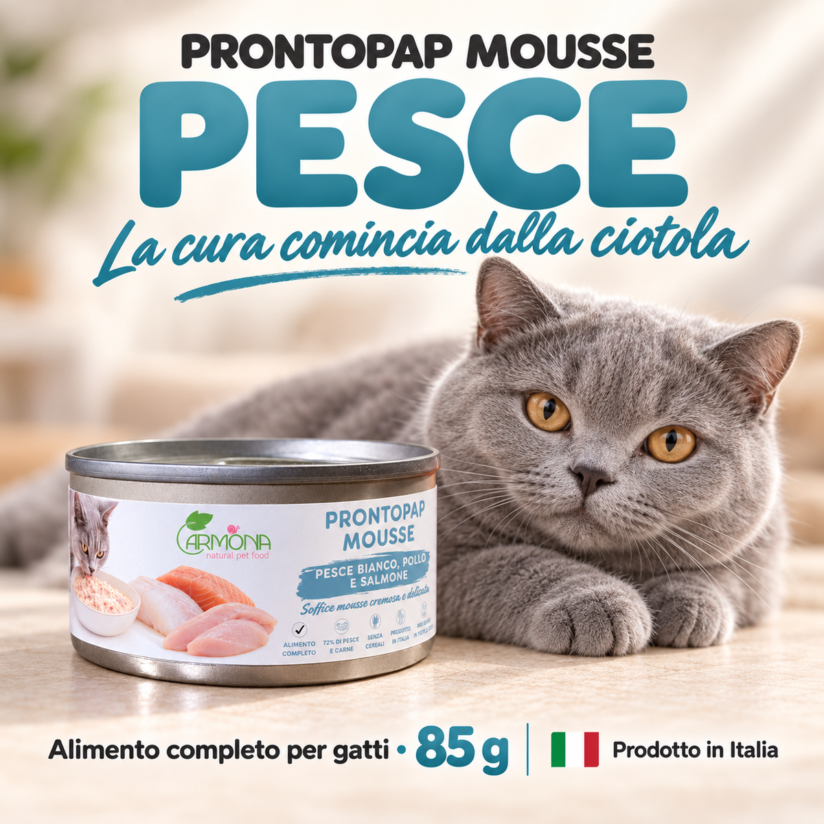 ProntoPap Mousse Pesce per Gatti – Pesce bianco, pollo e salmone, 85 g — chiusura