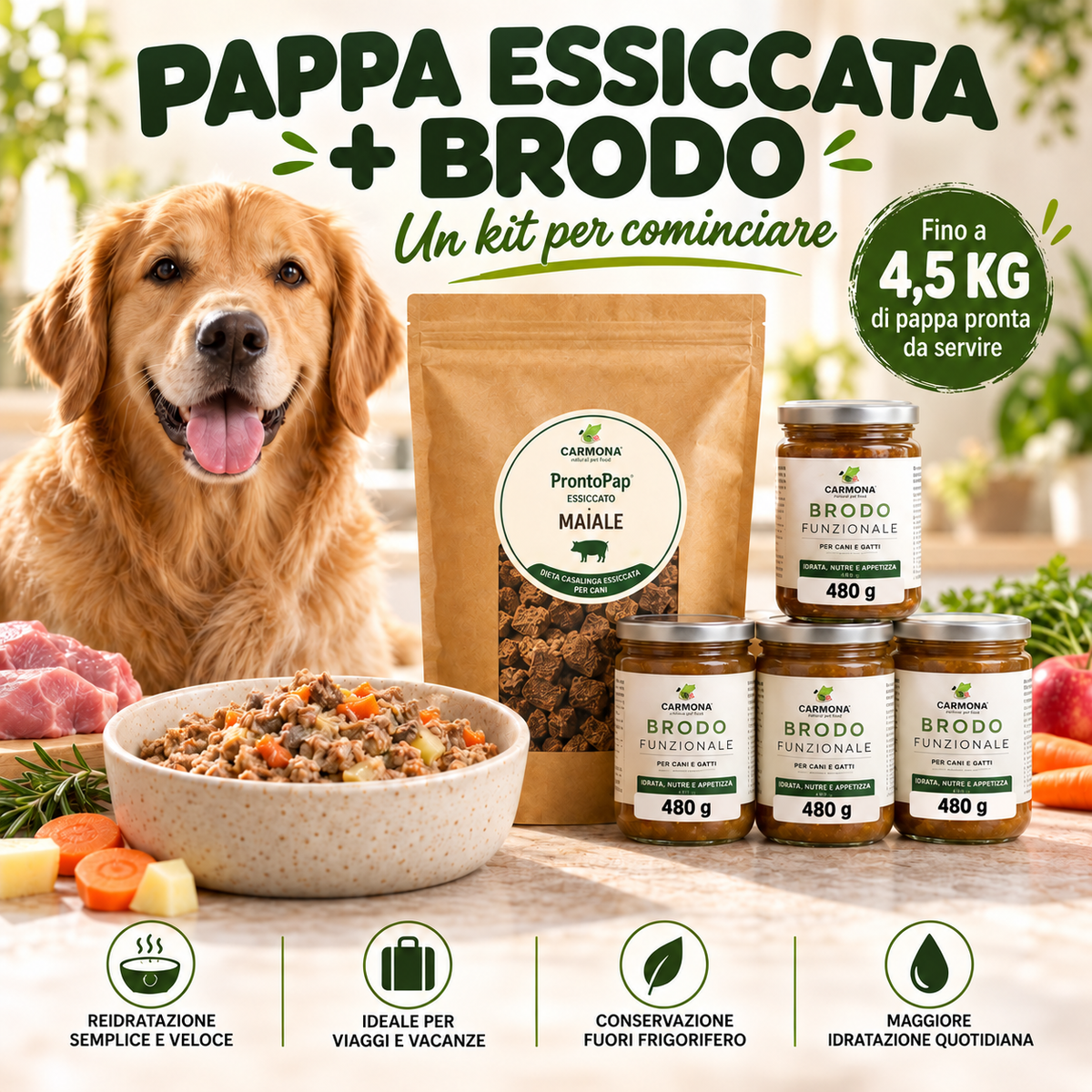 STARTER KIT MAIALE - 1 Kg PRONTOPAP ESSICCATO + 4 BRODO FUNZIONALE DA 480 g - spiegazione